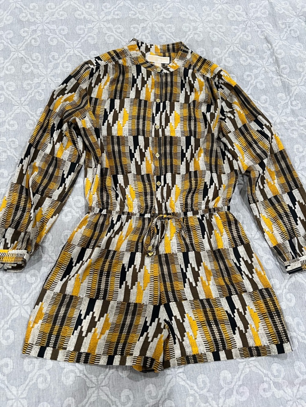 Michael Kors Yellow, Brown and Black Long-Sleeve Patterned Romper